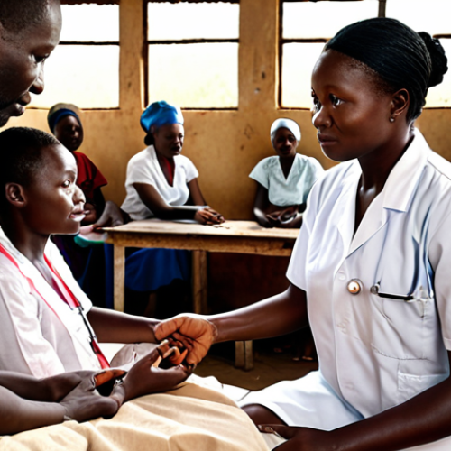 Home 4 A Liberian doctor providing medical care in a rural clinic, surrounded by patients, demonstrating compassion and expertise.
