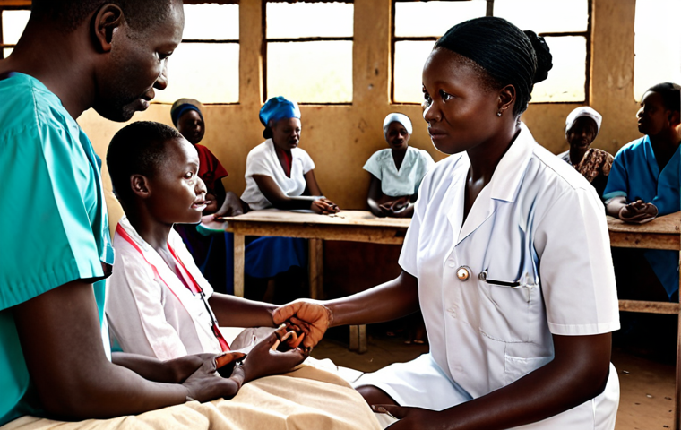 A Liberian doctor providing medical care in a rural clinic, surrounded by patients, demonstrating compassion and expertise.